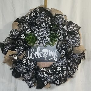 Skull Welcome Wreath - Black and White - Halloween Or Everyday Goth